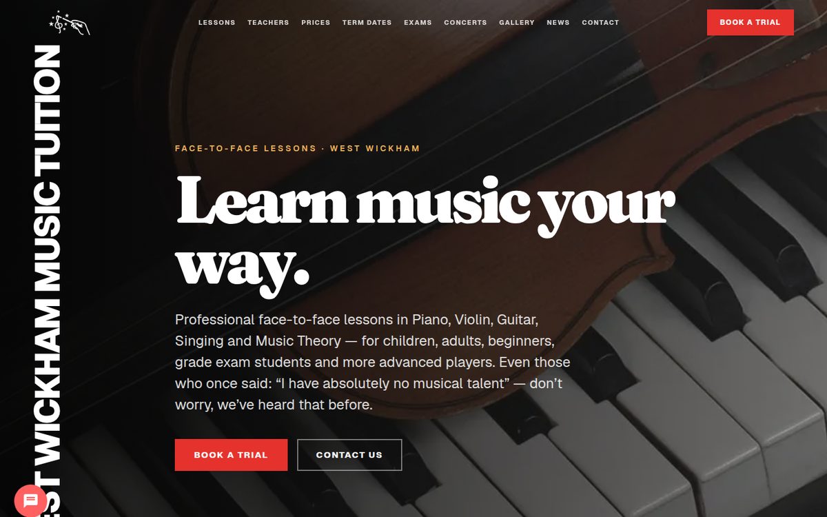 Homepage of the West Wickham Music Tuition website